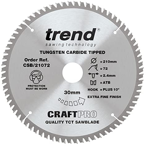Trend Wood Circular Saw Blade, 210mm Diameter, 30mm Bore, 72 Teeth, 2.4mm Kerf, +10° Hook, TCT, Extra-Fine Finish, CSB/21072
