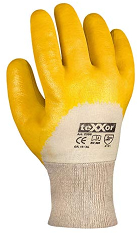texxor 12 Stück Nitril-Handschuhe 2356, Strickbund, Packung, natur-gelb, 11/XXL, Nitrilhandschuhe, Strickbundhandschuhe, Arbeitshandschuhe