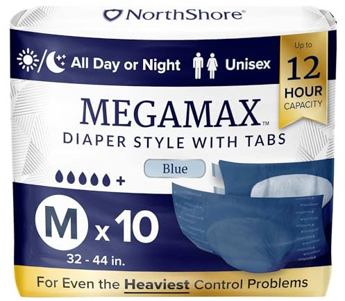 NorthShore MegaMax Inkontinenz-Unterwäsche für Erwachsene, 12-Stunden-Tab-Stil, Medium, 10 Stück, Blau, 81,3–111,8 cm, Unisex-Unterwäsche