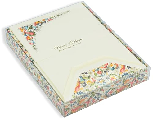 Briefpapier-Box in mit durchsichtigem Deckel, Schreibset 10 Umschläge und 10 Briefpapiere, Motiv Florentiner Hochzeits-Papier, Geschenk zum Mitbringen