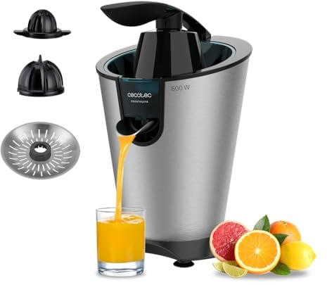 Cecotec Presse-agrumes avec bras électrique EssentialVita PowerFresh 600 Inox. 600 W, corps et filtre en acier inoxydable, 2 cônes détachables, buse anti-goutte, pièces lavables au lave-vaisselle.