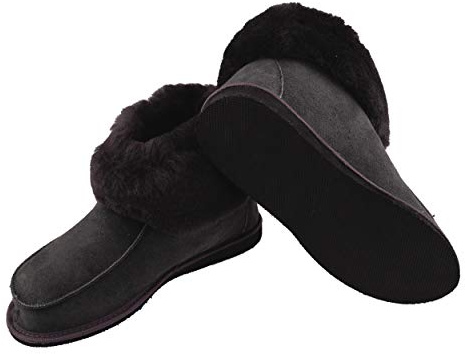 Moro-Design Lammfell Leder Hüttenschuhe Mokassin Hausschuhe Pantoffeln Fell graphit Gr.36-47