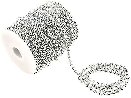 Uposao 25M 6mm Perlenband Perlenkette, DIY Handwerk Perlengirlande Perlenschnur Christbaumkette Tischdeko Hochzeit Dekoration Perlen für Braut Haarschmuck Brautstrauß Weihnachten DIY Handwerk,Silber