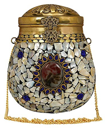 Pochette en métal mosaïque pour femme - Motif bohème avec puce dorée et nacre en relief - Cadeau pour elle, bleu, 7 inch