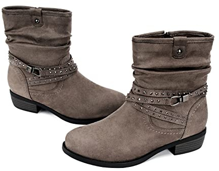 VJH confort Women's Mid Calf Boot,Round Toe Low Heel Comfort Slouchy Bootie with Side Zipper Buckle Strap(griege,8)
