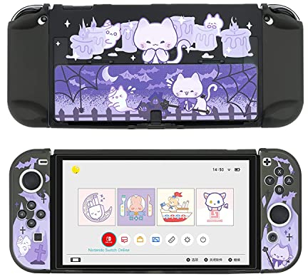 GeekShare Schutzhülle, schlankes Cover, kompatibel mit Switch OLED und Original-Controller, stoßdämpfend und Kratzfest, Gruselige Katze