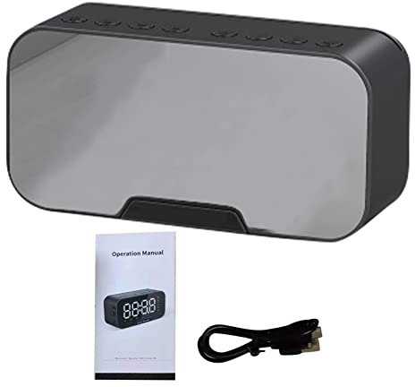Radio-réveil numérique FM avec port de charge USB, affichage LED, minuteur de sommeil, miroir portable, haut-parleur Bluetooth sans fil, réveil pour chambre à coucher, bureau (noir)