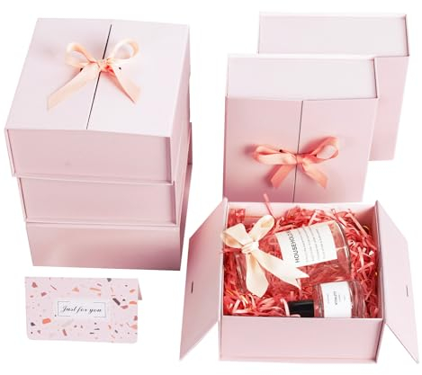 CHARMGIFTBOX Rosa Geschenkboxen,17 x 17 x 7,5cm, 6 Stück Kleine Geschenkbox mit Deckel und Premium-Band zum Verpacken von Hochzeiten und Geburtstagsgeschenken, Karton mit Doppeltür-Design
