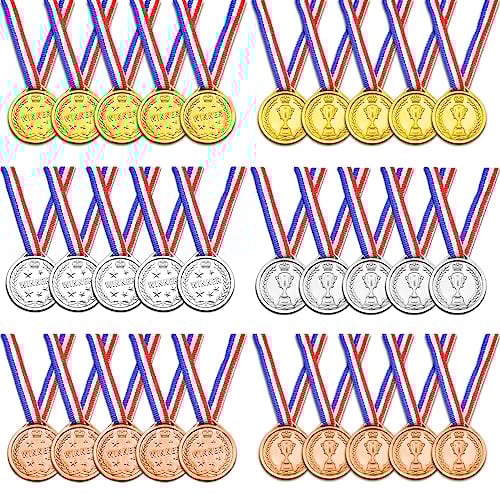 Brelet 30 pcs Medailles Olympiades,Médailles pour Enfants Medaille Foot Anniversaire Ski Travail Sport pour Recompense Enfant Mini Jeux Olympique Sport Day Diamètre env. 3,8 cm