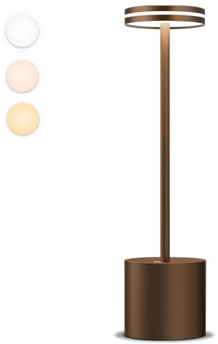 Moslumin Lampada da Tavolo Senza Fili, 5000mAh Ricaricabile LED Lampada da Comodino USB, Dimmerabile, Impermeabile, 3 Modalità di Colore, Luce a Batteria per Scrivania Esterno Ristorante (Marrone)