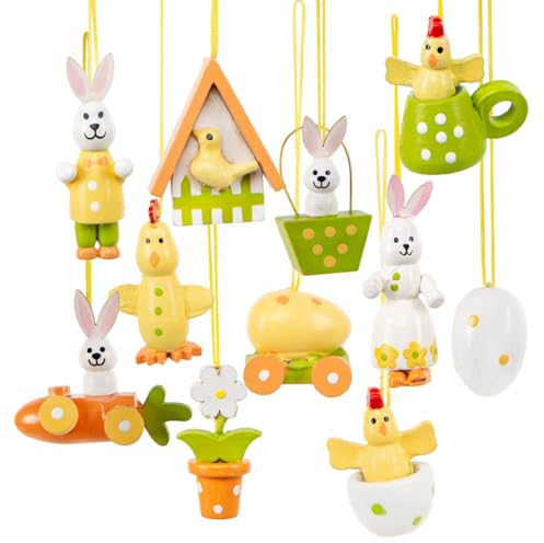 Logbuch-Verlag Decorazione pasquale in legno, da appendere, set da 11 pezzi, motivo: coniglietto pasquale, uovo di Pasqua, pulcino, decorazione primaverile, nostalgia, 3,5-5 cm