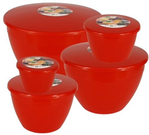 Just Pudding Basins Plastic Steaming Bowls with Lids, Set of 5 Red Nesting Basins for Christmas Puddings, Reusable Microwave Safe Baking Moulds