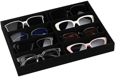 Frebeauty Sunglass Organiser,Velvet Glasses Organiser,8-Slot Sunglasses Tray for Drawer,Men's/Women's Sunglasses Box,Sunglass Holder,13.3 x 9.6 x 1.5 Inches,Eyeglass/Eyewear Display Tray(Black)
