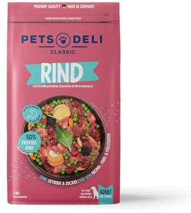 Pets Deli Trockenfutter für Hunde Rind mit Süßkartoffel, Karotte & Brombeere - ohne Zucker und Gluten, 2kg