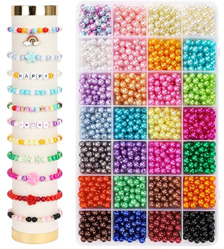 MestectPET 1960Pcs Pearl Beads for Jewelry Making, 28 Colors Round Pearl Beads Imitation Dyed Faux, 6mm Beads Kit with Crystal Rope for Bracelet Making DIY Necklaces Earrings Rings Crafts Gifts