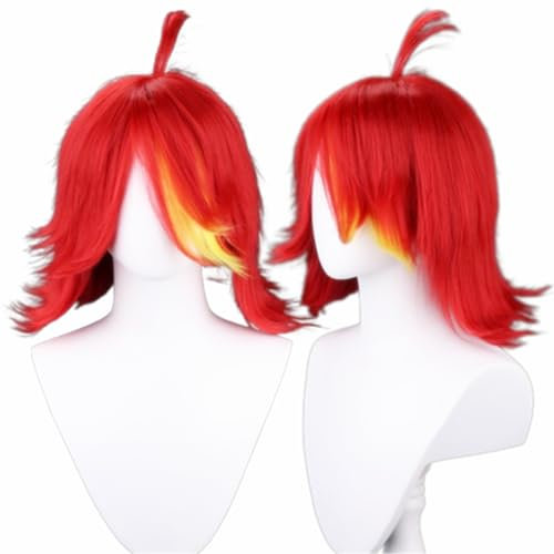 COSPLAZA Kurze flauschige rote gelbe Damen Maid Niffty Nifty Cosplay Kostüm Perücke mit Ahoge