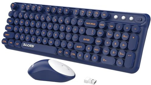 Keyboard and Mouse Wireless,Retro Typewriter Wireless Computer Keyboard Mouse Combo,Full Size 2.4G Cordless Round Keycaps Keyboard with Cute Mouse Set for PC Windows Laptop Home Office-Dark Blue