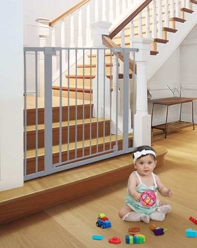 COMOMY Türschutzgitter Extra Hoch, 75-103cm Treppenschutzgitter ohne Bohren, Türgitter mit 2 Verlängerungen für Baby, Kinder, Hund und Katze, 91,5cm Hoch - Grau
