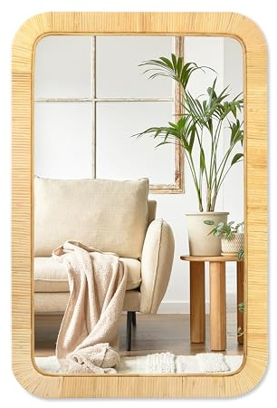 PERFNIQUE Rattan-Spiegel, 76 x 50 cm, rechteckig, Boho-Badezimmerspiegel, Wandmontage, dekorative Wohnkultur