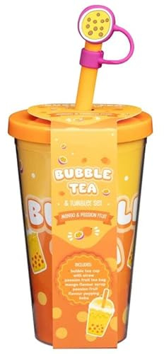 BargainsMania Bubble Tea & Tumbler Set - Passion Fruit & Mango - Enjoy A Delicious in A Matching Tumbler - Includes: Bubble Tea Cup with Straw, Tea Bag, Syrup, Flavoured Popping