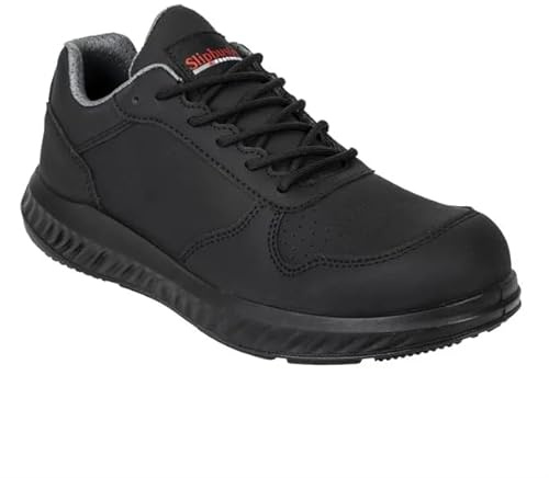 Slipbuster No Toe Cap Trainer - Black Matte Microfibre (Recycled) (Size 43) | Slip-resistant soles provide traction on wet commercial kitchen floors, with a wipe-clean microfibre finish.