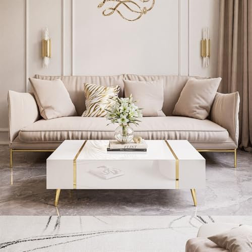 lukmebel Couchtisch Weiß mit Gold Onyx -104x65x41 cm Couchtisch mit Stauraum - Push to Open - Wohnzimmertisch - Beistelltisch Couch - Sofatisch - Sofa Tisch - Stubentisch