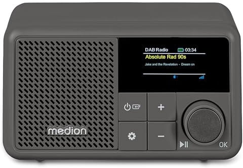 MEDION S66822 Mini radio DAB+ portatile con Bluetooth (batteria ricaricabile, display a colori oscurabile, antenna telescopica, sleep timer, sveglia, snooze, AUX, USB-C) grigio