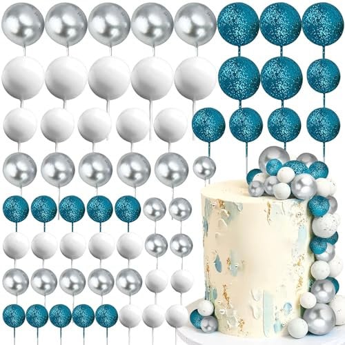 Silver Blue Cake Decorations Glitter Blue White Silver Balls Cake Topper for Wedding Decoration and Winter Themed Birthday Party Supplies
