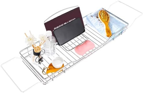 DECORN Badewanne - Ausleitbares Edelstahl -Duschschablett mit Telefon-/iPad -Halter - Badewanne Caddy Tablett für luxuriöse Badezimmerzubehör