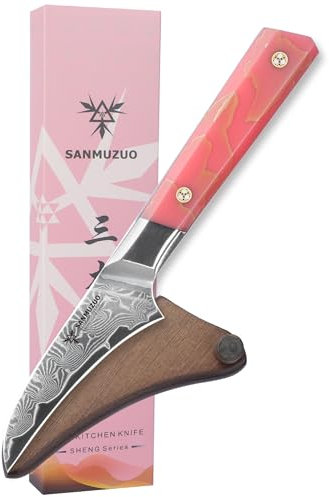 SANMUZUO Couteau d'office 9 cm, couteau à éplucher professionnel, acier Damas ultra tranchant avec manche en résine pleine soie, série SHENG