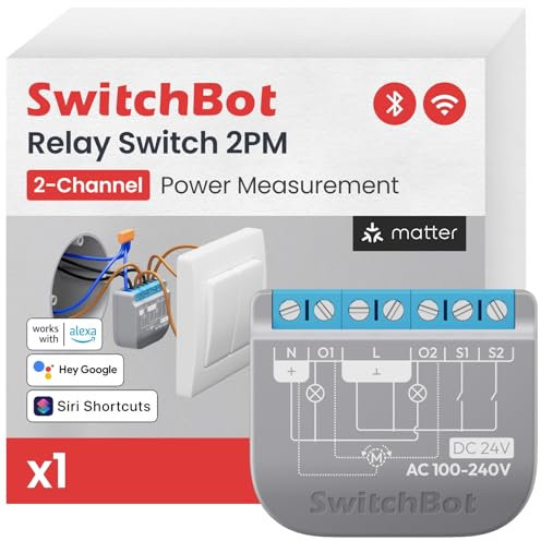 SwitchBot Relay Switch 2PM, Doppio Controllo Luci con Misurazione dei Consumi,Ripetitore Bluetooth Integrato,Wi-Fi(2,4GHz) e Bluetooth. Compatibile con Alexa/Apple Home/Google Home/Matter(Richiede Hub