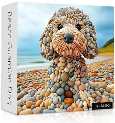 PICKFORU Funny Dog Jigsaw Puzzles 1000 Pieces for Adults, Summer Beach Guardian Dog Puzzle Cute, Interesting Seaside Stone Puppy Theme as Home Decor