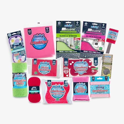 Minky Love Your Home Cleaning Essentials Kit, 13 Cleaning Products Bundle with Microfibre Cloth, Sponges & Scourers, Complete Set for a Sparkling Clean Home