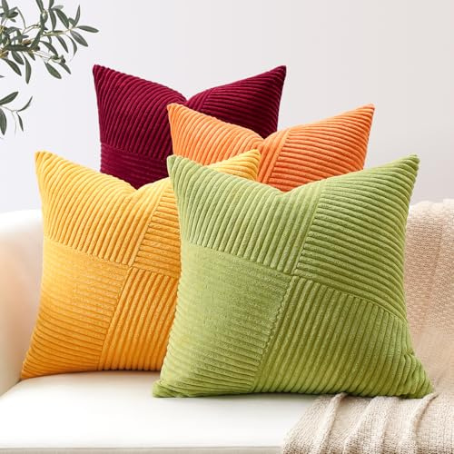 Sungeek 4er Set Cord Kissenbezüge, Windmühle Streifen Kordsamt Kissenbezug Sofakissen Dekokissen Patchwork Design Deko Zierkissenbezüge Kissenhülle für Wohnzimmer (40x40cm, Gelb Orange)