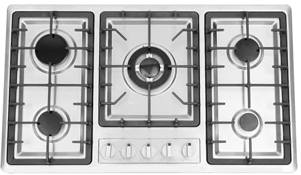 ROGONPDK 5 Flammen Edelstahl Gaskochfeld, Kommerziell Gas-Kochfeld Gasherd Einbauherd, Autark Eigebaut Gas Stove Einbau-Gaskochfeld Hockerkocher für Restaurant