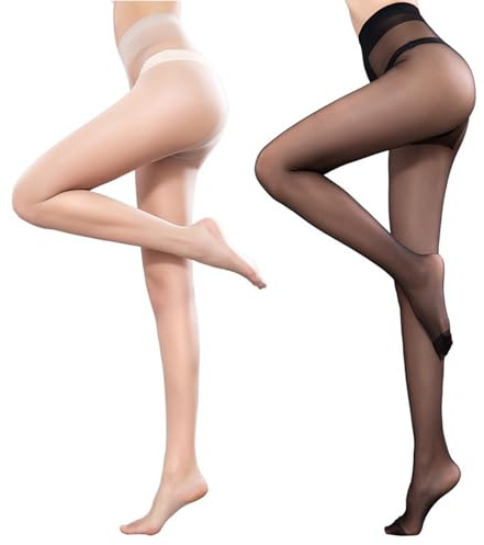 poraceous 2 paires Collants Femme, 15 Denier Noir + Chair, Collants Sheer à Taille Haute avec Contrôle du Ventre, Collant Noir Femme, Collant Transparents Invisibles, avec Renfort aux Pieds