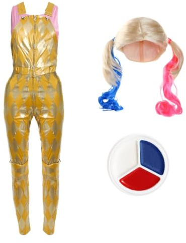 Clown-Assistentenkostüm-Set für Damen, Größe XXL, pinkes bauchfreies Oberteil, goldene Latzhose, blonde Perücke und Gesichtsbemalung, Halloween-Kostüm, inspiriert von Harley Quinn