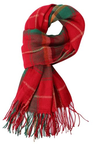 Fjquamitix Women Tartan Cashmere Scrarf, Ladies Scarves Wraps Winter Long Soft Warm Tassel Shawls Stole Gifts for Women (Red + Green)