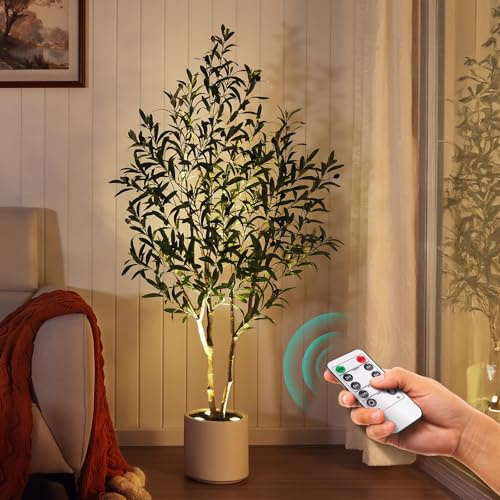 Verinatural Faux Plantes d'olivier Artificiel d'intérieur 1,5 m de Haut 1,5 m avec Spots LED à Distance, jardinière cylindrique Ronde Blanche pour Maison, Bureau, Salon, Exposition au Sol