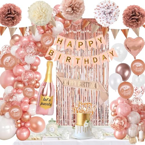 Geburtstagsdeko Rosegold Weiß Set mit Happy Birthday Banner Konfetti Luftballons Schärpe Lametta Vorhänge Pompons für Frauen Mädchen Geburtstag Party Deko