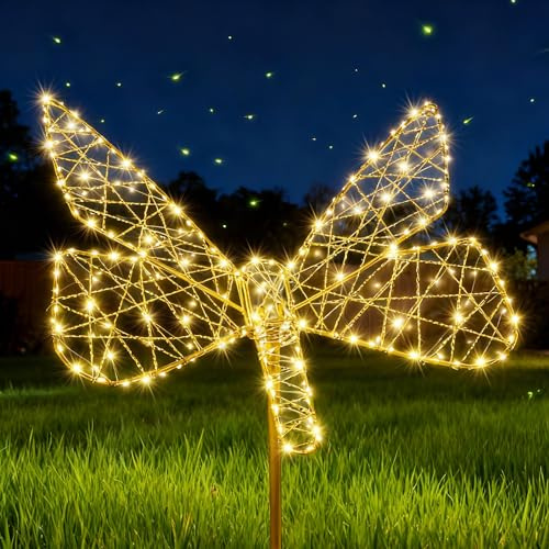 Flacchi Solarlampen Schmetterling für Außen 240LED Metallmaterial Warmweiß | Solarenergieversorgung Landschaft Lichter Wasserfest; im Freien für Gehweg, Rasen, Garten, Innenhof Dekoration