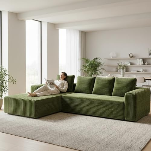 Yihomfy Ecksofa mit Schlaffunktion Tobi 261x145 cm Cord Sofa mit Memory-Schaumstoff Hohe Rückprallelastizität & Atmungsaktiv Moderner Wohnsessel für Wohnzimmer (Grün)