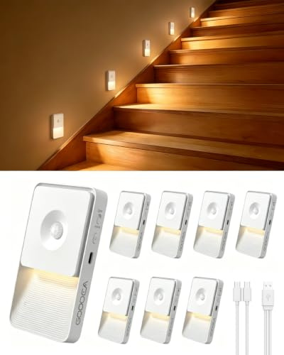 GOODEA Nachtlicht mit Bewegungsmelder bis 70Tage Laufz., 3000K Warmlicht | Aufladbar & AUTO Motion Sensor, 8 Stück Dimmbar Magnetische Bewegungsmelder Licht Ohne Steckdose für Flur Treppe Küche Bad