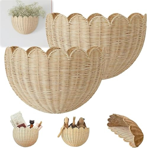Wandkorb Geflochten Rattan Wand Hängekorb Geflochtener Boho Hängend Wandkörbe Blumenkorb Aufbewahrungskorb Deko Korb Storage Basket für Wohnzimmer Küchen Kinderzimmer Bad Schlafzimmer Flur (Groß×2)