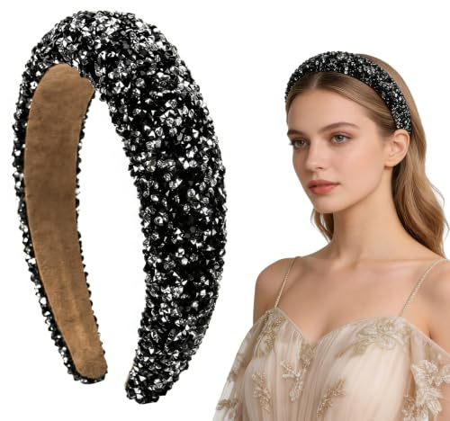 Serre Tete Femme Paillette et Strass, Bandeau Cheveux Fille Épais et Antidérapant, Accessoires Cheveux Élégants pour Mariage, Fête, Quotidien (Noir)