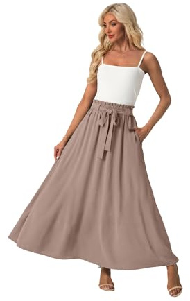 QIXING Women’s High Waist Flowy Long Maxi Skirt Boho Elastic Tie Waist with Pockets Summer Casual A-Line