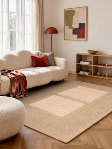 Elle Decoration Puristic - Wollteppich Knots, Natürlich & Handgemacht, Bouclé Teppich Einfarbig, Natur Wohnzimmerteppich, feines Loop Design für Wohzimmer, Schlafzimmer - Beige, 160x230 cm