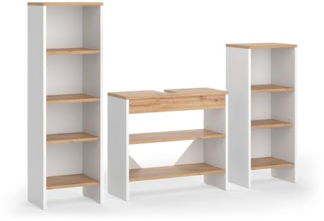 Vicco Badmöbel-Set Karli, Weiß/Goldkraft Eiche | 3-teilig · Waschtischunterschrank · Hochregal · Badregal