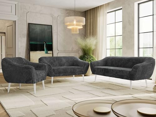 MKS MEBLE Sofagarnitur PIRS 3 + 2 + 1 - Couchgarnitur im skandinavischen Design, Gesteppte Polsterung, Wellenfederung, Wohnzimmer Sofa Set - Weiße Beine, Dunkelgrau Cord