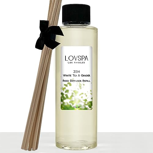 LOVSPA Zen White Tea & Ginger Reed Diffuser Oil Refill with Replacement Reed Sticks Fragrances | Light Citrus Notes, Peonies, Lavender & Geraniums, Sandalwood & Musk
